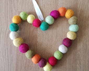 Autumn Tones Felt Ball Heart Hanging. Colourful Wool Beads Shaped into a Heart Wreath Decoration. Gift for Easter, Birthdays, Mothers Day