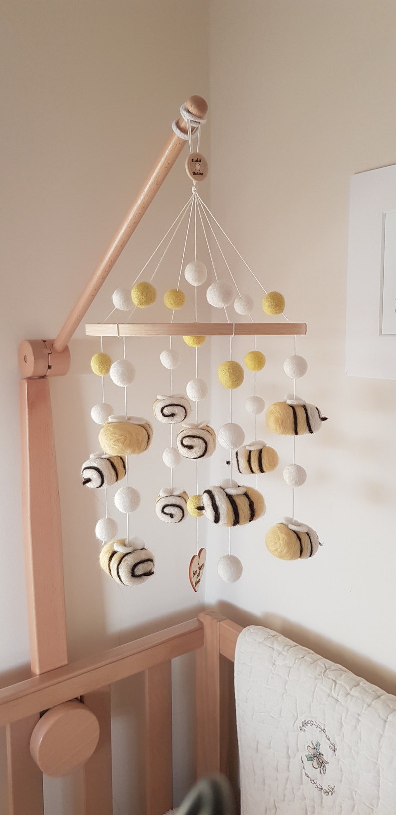 Needle Felted Bumble Bee Mobile, Handmade and Very Cute Honey Bees Paired with Felt balls to Create a Lovely Nursery or Bedroom Decoration. image 2