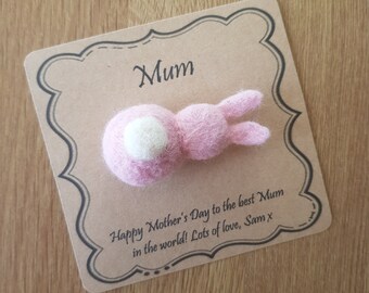 Personalised Mothers Day Gift Needle Felted Bunny Brooch Handmade in Pink with a White Fluffy Tail, Jacobs Tail. Felt Rabbit Pin