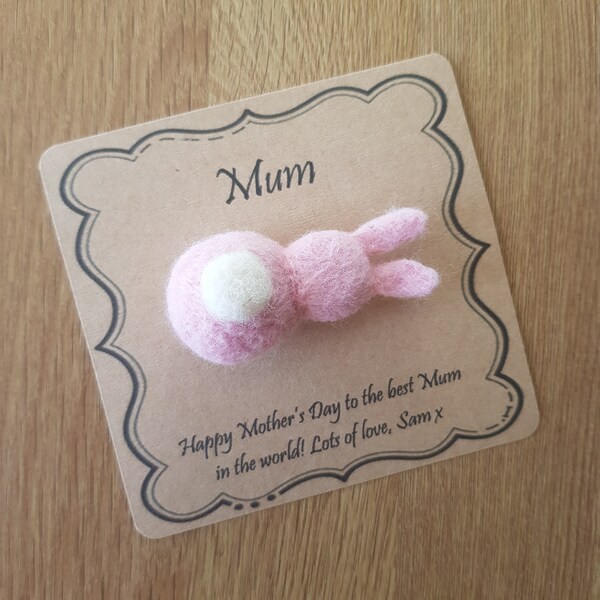 Personalised Mothers Day Gift Needle Felted Bunny Brooch Handmade in Pink with a White Fluffy Tail, Jacobs Tail. Felt Rabbit Pin