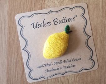 Needle Felted Lemon Brooch Handmade in Yellow and Green Merino Wool. Cute Felt Fruit Lemon Pin, Ideal Birthday, Mothers Day, Teacher Gift