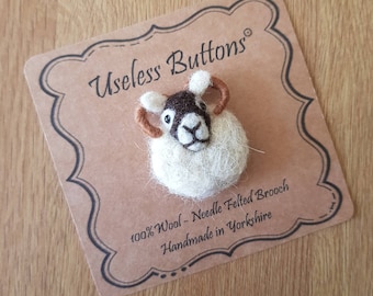 Needle Felted Swaledale Sheep Brooch Handmade in Natural Swaledale Wool with Horns. Cute Felt Lamb Pin, Birthday, Mothers Day, Teacher Gift