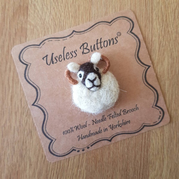 Needle Felted Swaledale Sheep Brooch Handmade in Natural Swaledale Wool with Horns. Cute Felt Lamb Pin, Birthday, Mothers Day, Teacher Gift