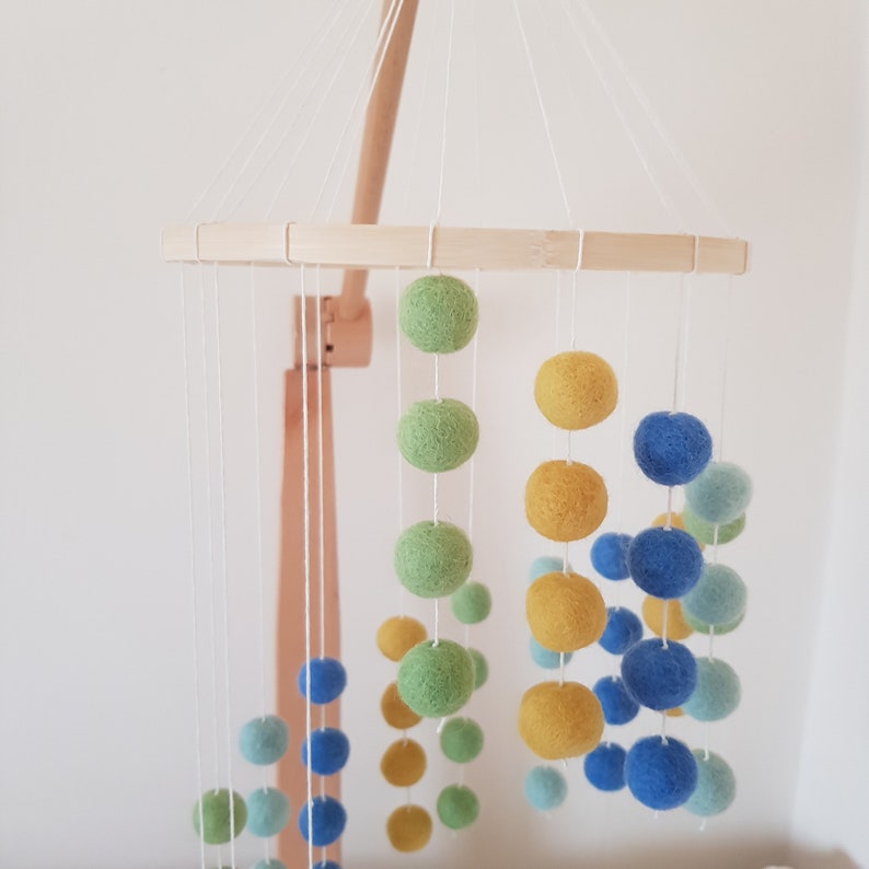Blue, Green and Yellow Cascading Felt Ball Mobile, Bright Coloured Nursery or Childrens Bedroom Decoration, With Matching Garland and Heart image 3