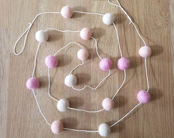 Pink and Cream Felt Ball Garland. Wool Bead Room Decoration, Bright Colourful Felt. Perfect Letterbox Gift for Birthday, Mothers Day Gift