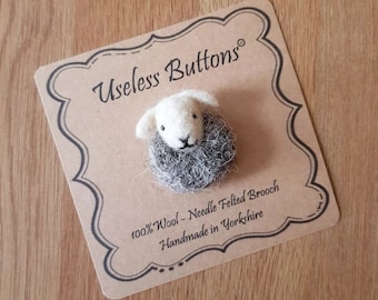 Needle Felted Herdwick Sheep Brooch Handmade in Natural Herdwick and Jacobs Wool Cute Felt Lamb Pin, Birthday, Mothers Day, Teacher Gift