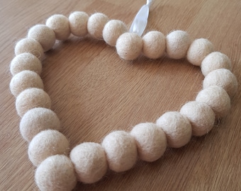 Cream Felt Ball Heart Hanging. Coronation Decoration, Beige Wool Beads Shaped into a Heart Wreath. Ideal gift for Birthday, Mothers Day