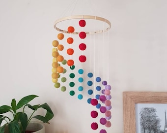 Rainbow Cascading Felt Ball Mobile with Rainbow Dreams Quote, Bright Colour Nursery/Childrens Bedroom Decoration, Matching Items available