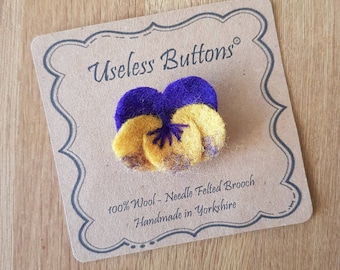 Needle Felted Pansy Brooch Handmade in Yellow and Purple Merino Wool, Viola, Cute Felt Flower Pin, Ideal Birthday, Mothers Day, Teacher Gift