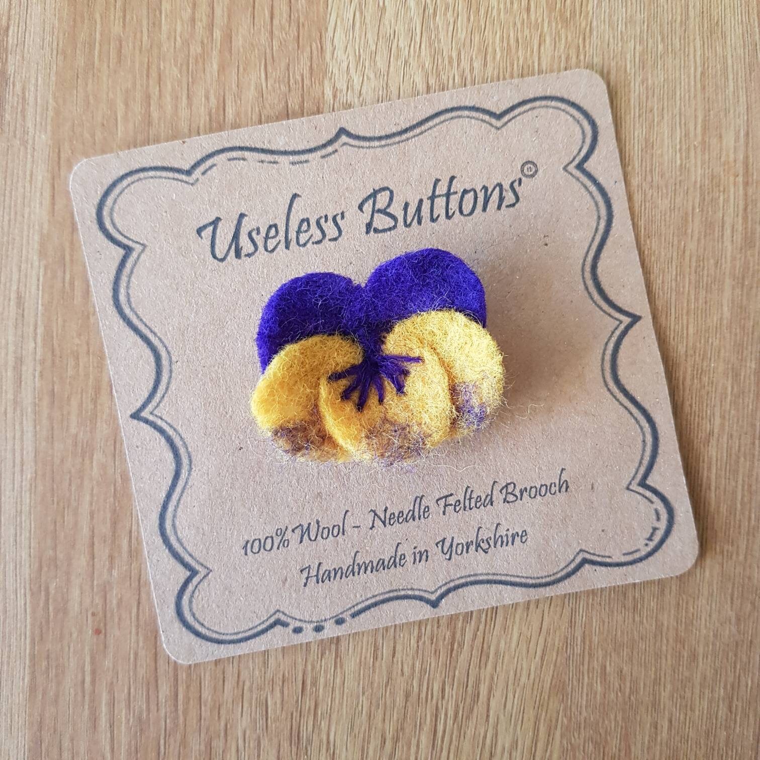 Needle Felted Pansy Brooch Handmade in Yellow & Purple Merino Wool