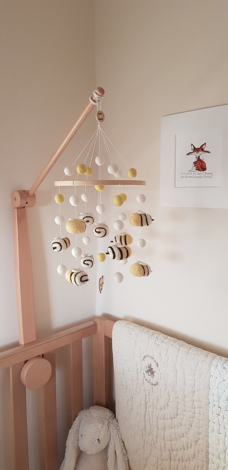 Needle Felted Bumble Bee Mobile, Handmade and Very Cute Honey Bees Paired with Felt balls to Create a Lovely Nursery or Bedroom Decoration. image 1