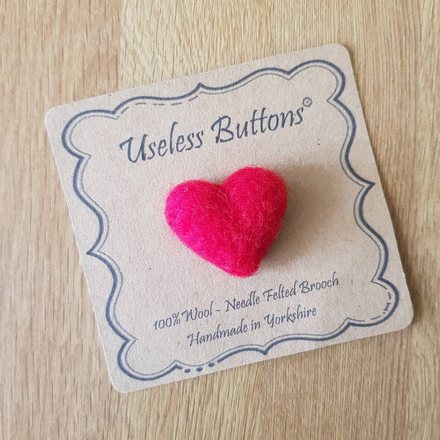 Needle Felted Heart Brooch Handmade in Pretty Red Merino Wool