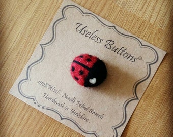 Needle Felted Ladybird Brooch, Handmade Red and Black with White Heart, Lovebug. Cute Wool Ladybug Pin, Birthday, Mothers Day, Teacher Gift