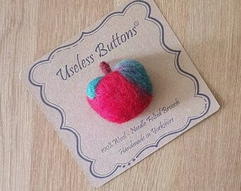 Needle Felted Apple Brooch Handmade Red and Green Wool with a Leaf, Rosy Red. Cute Felt Fruit Pin, Birthday, Mothers Day Teacher Gift