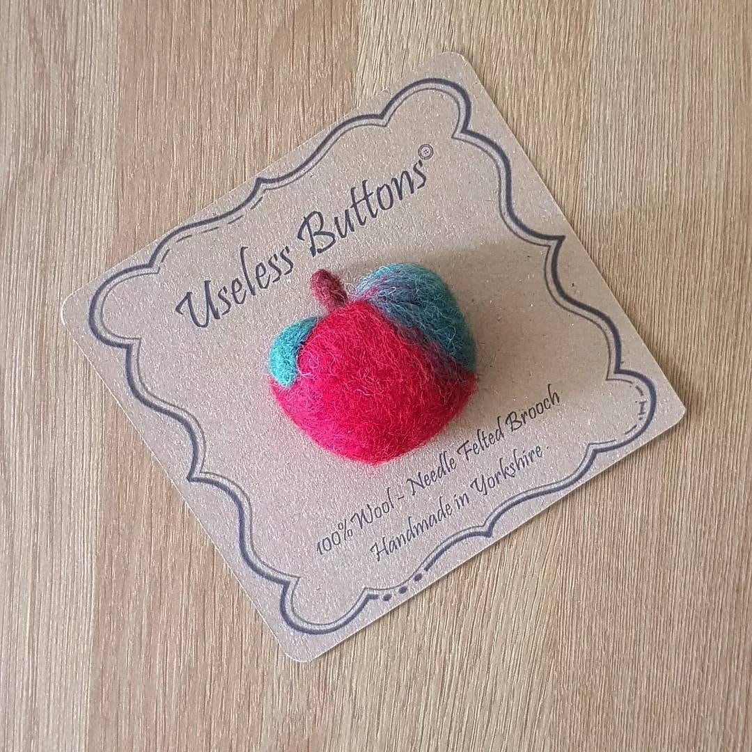 Needle Felted Apple Brooch Handmade Red & Green Wool With A Leaf