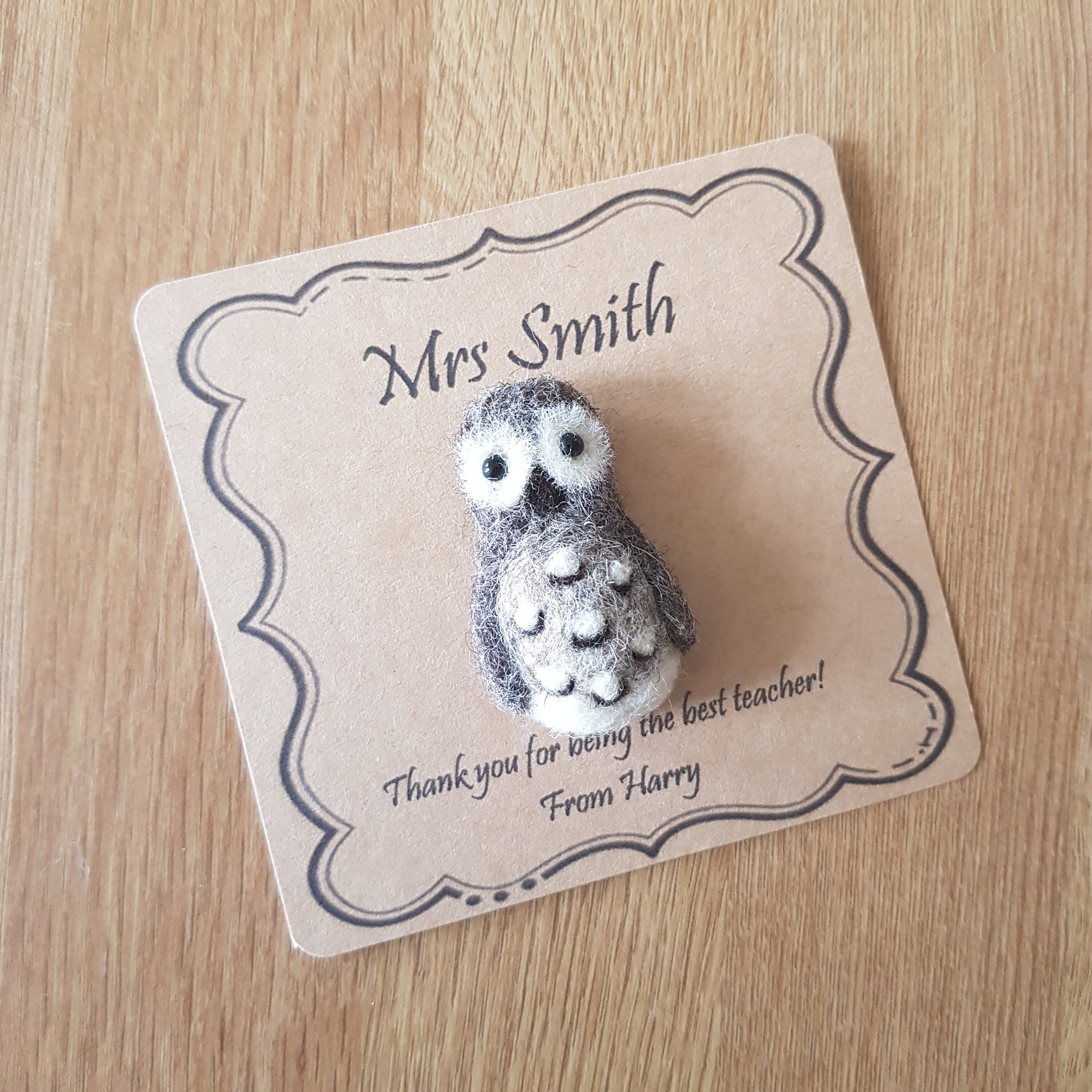 Personalised Gift Needle Felted Owl Brooch Handmade in Natural Jacobs & Merino Wool With Glass Eyes. Felt Pin