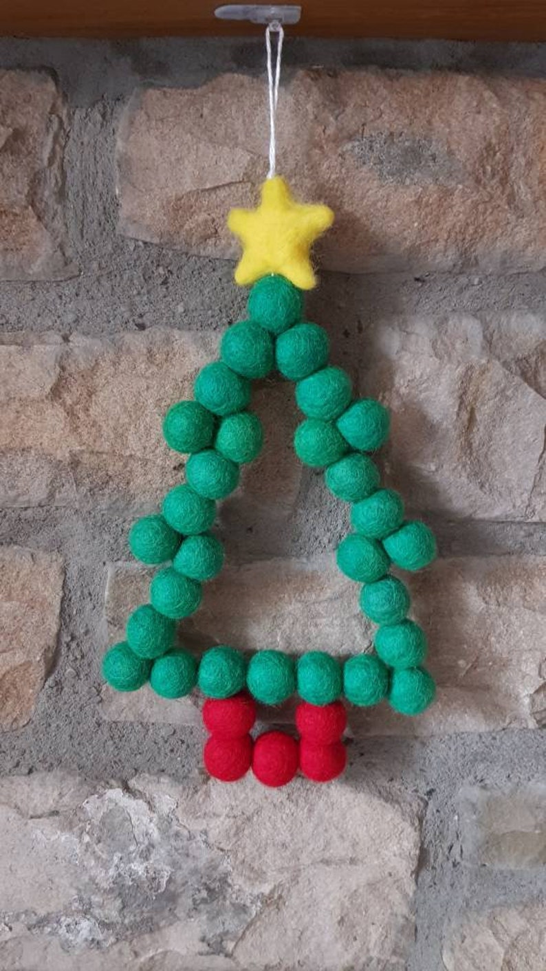 Felt Ball Christmas Tree, Colourful Wool Beads Shaped into a Xmas Tree Decoration. Festive Shaped Wreath Wall hanging Decoration. image 2