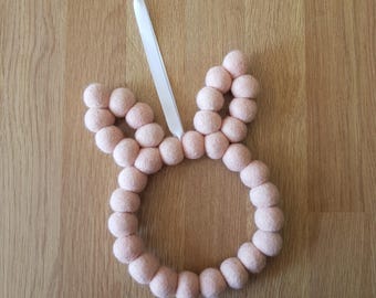 Soft Pink Felt Ball Bunny - Wall Hanging Shaped into a Rabbit Wreath Decoration