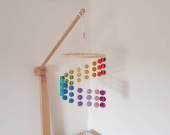 Rainbow Cascading Felt Ball Mobile 35cm Brightly Coloured Nursery, Childrens Bedroom Decoration, With Matching Garland and Heart Decoration