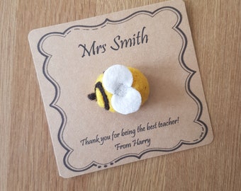 Personalised Teachers Gift Needle Felted Bee Brooch Handmade in Yellow, Black Wool with White Wings Cute Pin Humble Bumble. End of Term Gift