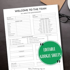 All About Me Editable Google Sheets, Get To Know Me For Work, Team Building Get To Know Me Questionnaire Printable, Team Building Survey