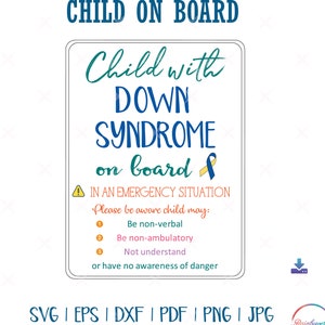 デジタルダウンロード ダウン症の子供が搭乗中 SVG、ダウン症の緊急時の認識 SVG、DN svg、即時ダウンロード