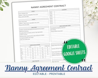May include: A printable nanny agreement contract template in black and white text on a white background. The template includes sections for family information, nanny information, children's information, job duties, non-childcare tasks, work days and hours, paid time off, and compensation. The text "Editable Google Sheets" is in green text on a white background.