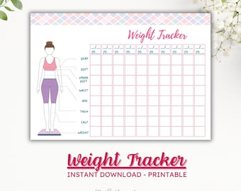 May include: Printable weight tracker chart with a pink and blue geometric pattern. The chart includes a line drawing of a person with labels for different body measurements, including bicep, bust, under bust, waist, hips, thigh, calf, and weight. The chart has columns for recording measurements over time.