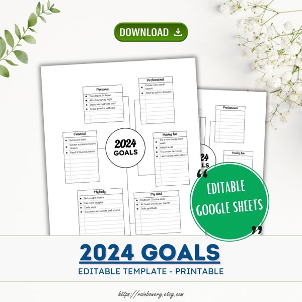 2024 Goals Editable Template, Google Sheets Goals Printable Planner, 2024 Resolutions, 2024 New Year Target