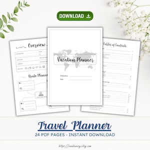 May include: A printable travel planner with 24 pages. The cover features a world map and the text "Vacation Planner". The pages include sections for trip overview, route planning, packing lists, and tables of contents.