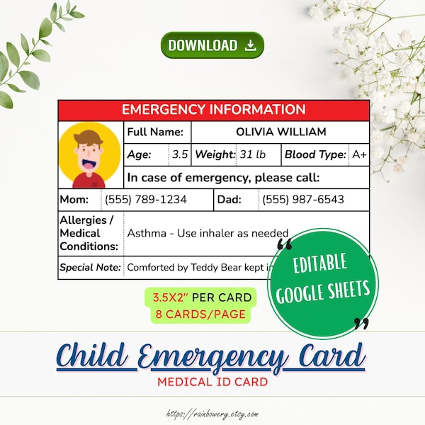 Kids Emergency Card, Child Safety Card, Medical ID card, Customizable Editable Emergency Information Card Template