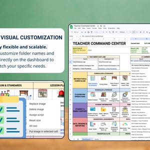 May include: A digital dashboard titled "Teacher Command Center" with a green background. The dashboard features customizable folder names and icons. Text on the screen includes "Total Visual Customization" and "Curriculum & Standards."