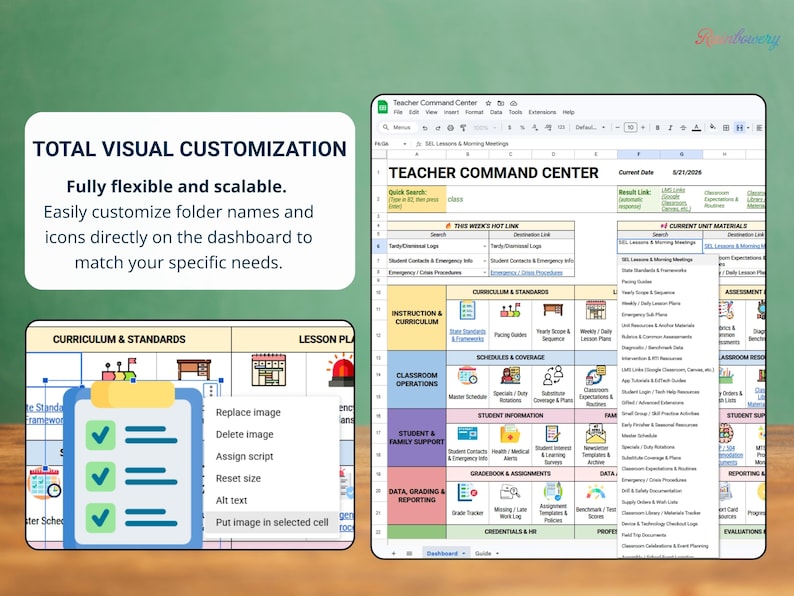 May include: A digital dashboard titled "Teacher Command Center" with a green background. The dashboard features customizable folder names and icons. Text on the screen includes "Total Visual Customization" and "Curriculum & Standards."