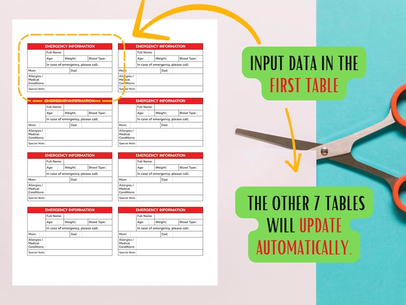 Protect your child with this printable emergency card template, easily edited in Google Sheets