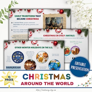 May include: A colorful presentation titled "Christmas Around the World" with information on Christmas traditions and other winter holidays. Includes text and images about Hanukkah and Christmas in Italy. Features a star graphic with "15 Pages".