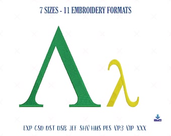 Diseño de bordado de letras Lambda, diseño de bordado de máquina de caracteres Lambda, letra Lambda, diseño de bordado del alfabeto griego del símbolo Lambda