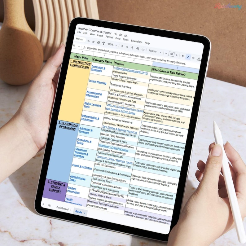 May include: A digital tablet displaying a detailed spreadsheet titled "Teacher Command Center." The screen shows organized lesson plans, curriculum, and classroom operations. A stylus rests on the screen, and the tablet is held by a person.