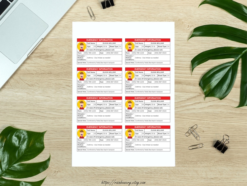 Editable emergency card for kids in a Google Sheets template, easy to customize for peace of mind