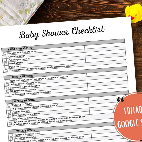 Baby Shower Checklist, Editable Google Sheets Template, Customizable Baby Shower SpreadSheet, Custom Template, Baby Shower Planner Printable