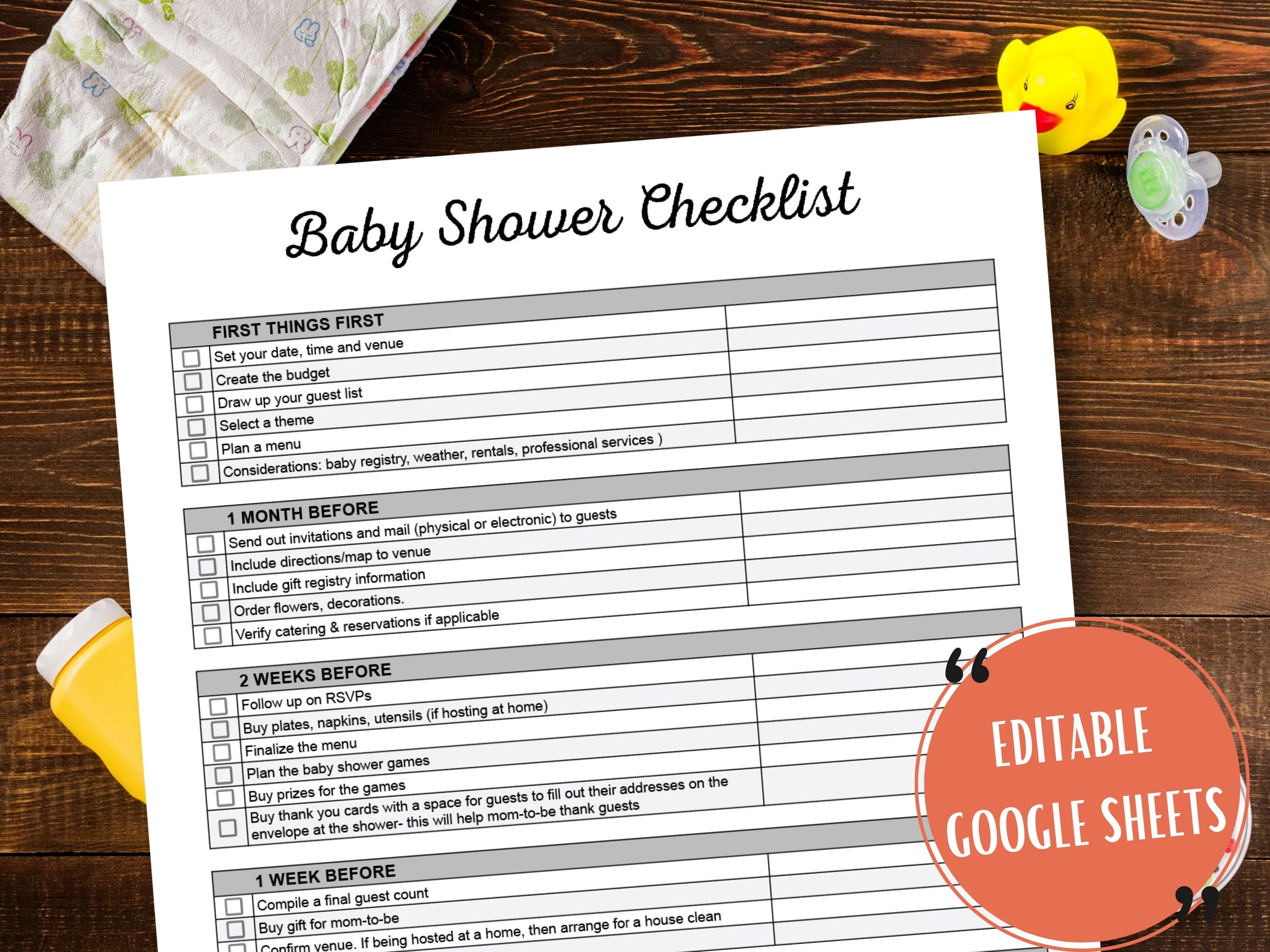 Baby Shower Checklist, Editable Google Sheets Template, Customizable