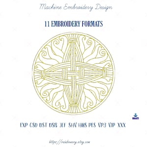 May include: A gold machine embroidery design of a circular pattern with a woven center. The design is available in 11 embroidery formats: EXP, CSD, DST, DSB, JEF, SHV, HUS, PES, VP3, VIP, and XXX. The text "Machine Embroidery Design" and "11 Embroidery Formats" is above the design. The text "https://rainbowery.etsy.com" is below the design.