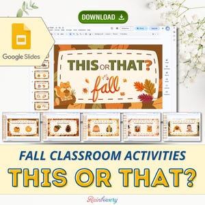 Peut inclure: Un modèle de présentation Google Slides pour des activités de classe d'automne intitulé This or That? Fall. Les diapositives présentent des graphiques sur le thème de l'automne, notamment un écureuil, des glands, des feuilles et des choix saisonniers.