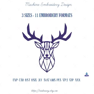 Puede incluir: Un diseño geométrico de una cabeza de ciervo con cuernos en un contorno morado. El texto "Machine Embroidery Design" y "3 SIZES - 11 EMBROIDERY FORMATS" está por encima de la imagen. El texto "EXP CSD DST DSB JEF SHV HUS PES VP3 VIP XXX" está debajo de la imagen. El texto "https://rainbowery.etsy.com" está en la parte inferior de la imagen.