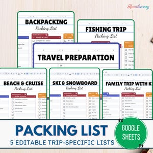 Editable Travel Packing List Google Sheets | Vacation Planner | Family Trip, Beach, Backpacking, Cruise, Ski Trip, Travel Checklist