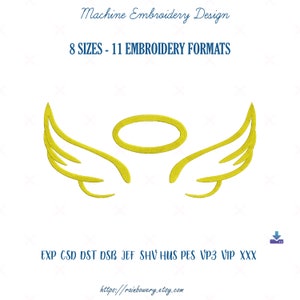 May include: A machine embroidery design of a pair of yellow angel wings with a halo above them. The design is available in 8 sizes and 11 embroidery formats.