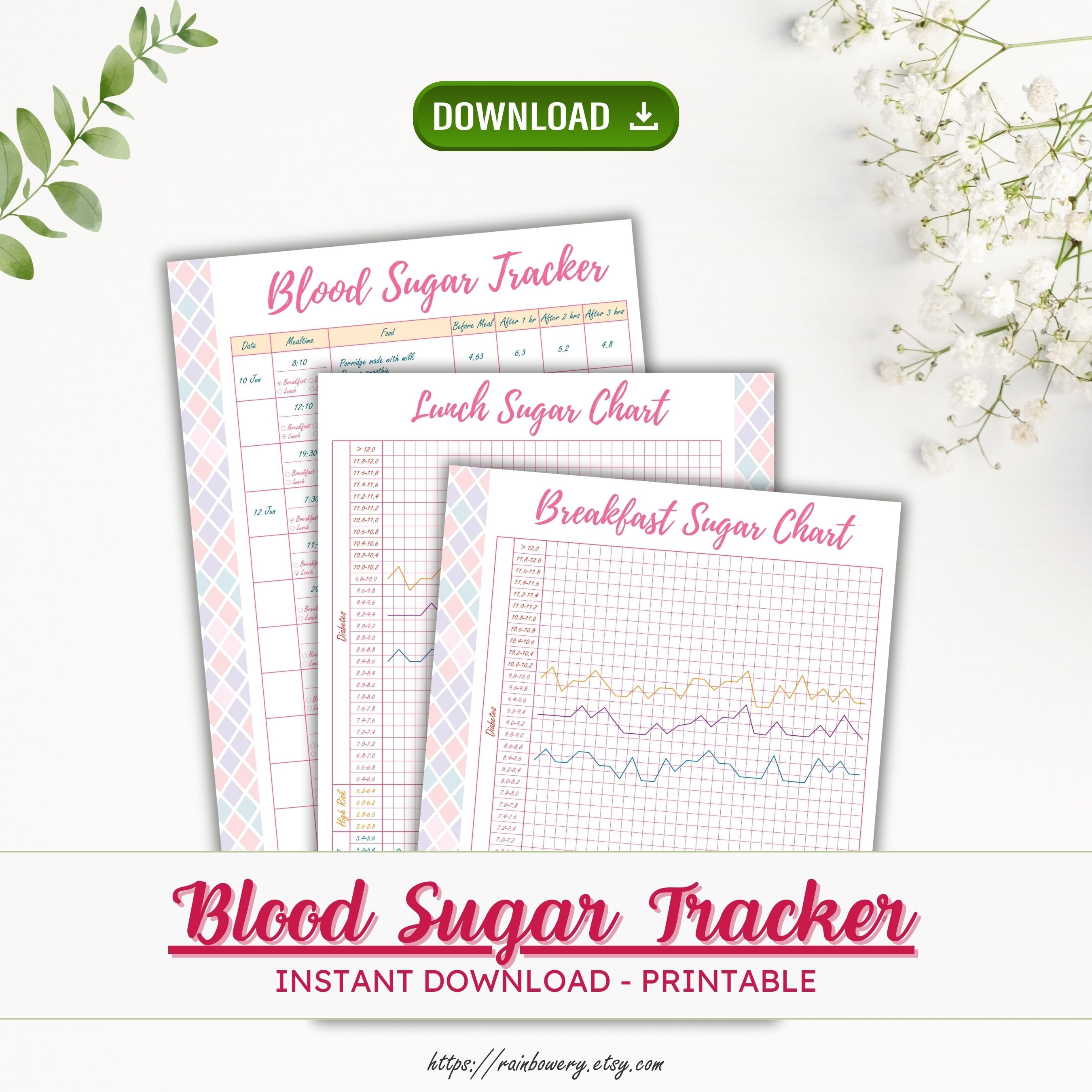 Blood Sugar Tracker Printable, Diabetic Log Tracker