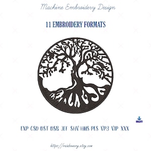Puede incluir: Diseño de bordado en blanco y negro de un árbol de la vida con raíces y ramas. El diseño está en un círculo y está disponible en 11 formatos de bordado: EXP, CSD, DST, DSB, JEF, SHV, HUS, PES, VP3, VIP y XXX.