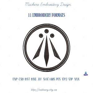 May include: A black and white machine embroidery design of a circle with three triangles and three dots inside. The design is available in 11 embroidery formats: EXP, CSD, DST, DSB, JEF, SHV, HUS, PES, VP3, VIP, and XXX.