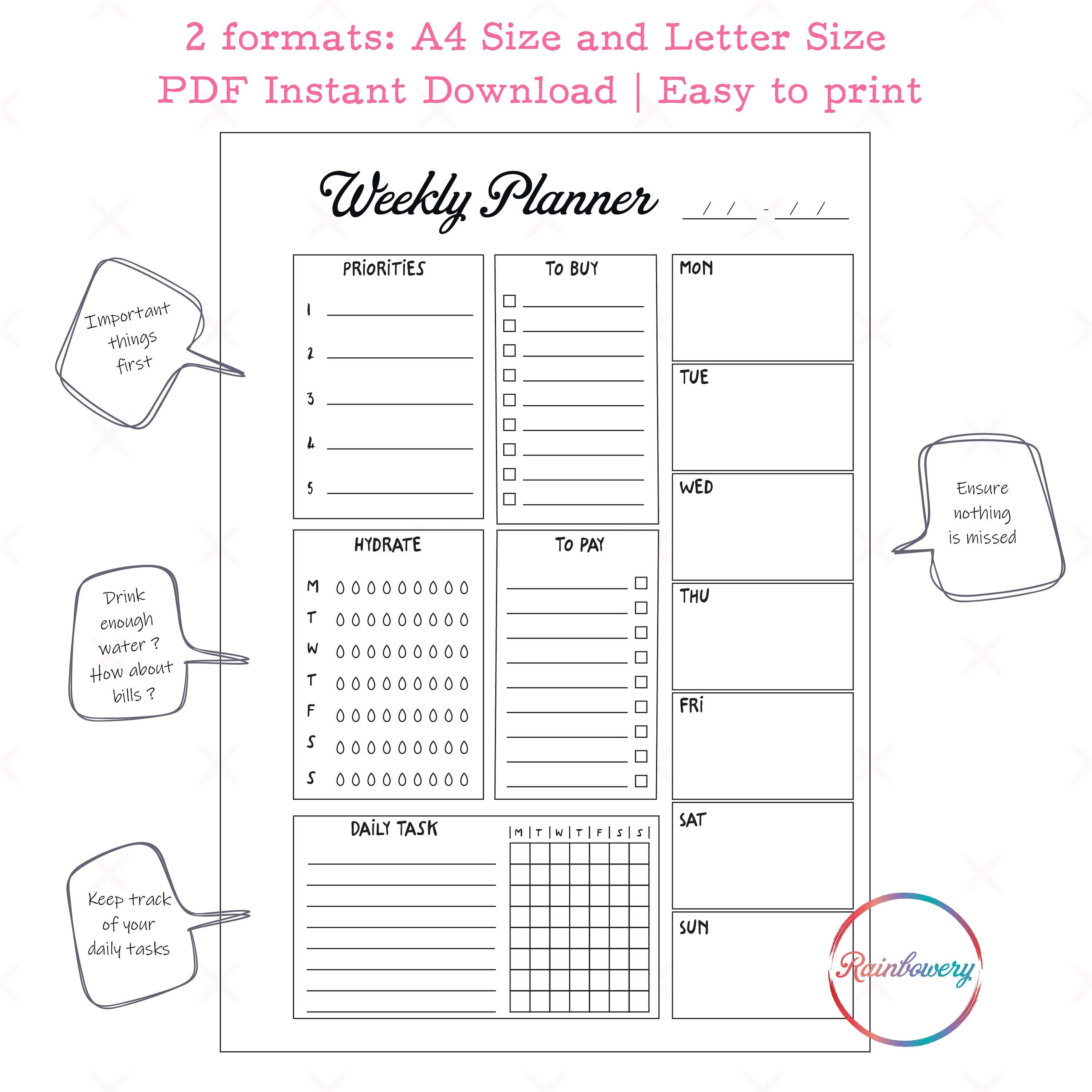Weekly Planner Printable Weekly Organizer Printable Weekly | Etsy