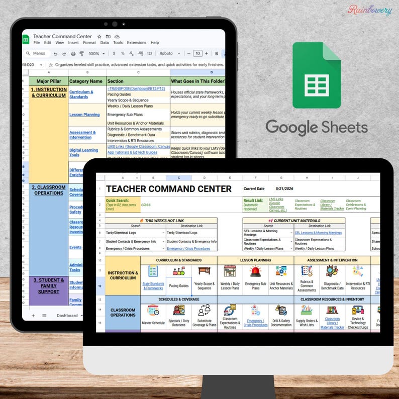 May include: A digital display of a Teacher Command Center spreadsheet on a tablet and a computer monitor. The spreadsheet is organized with sections for instruction, classroom operations, and student support. A Google Sheets icon is in the upper right.